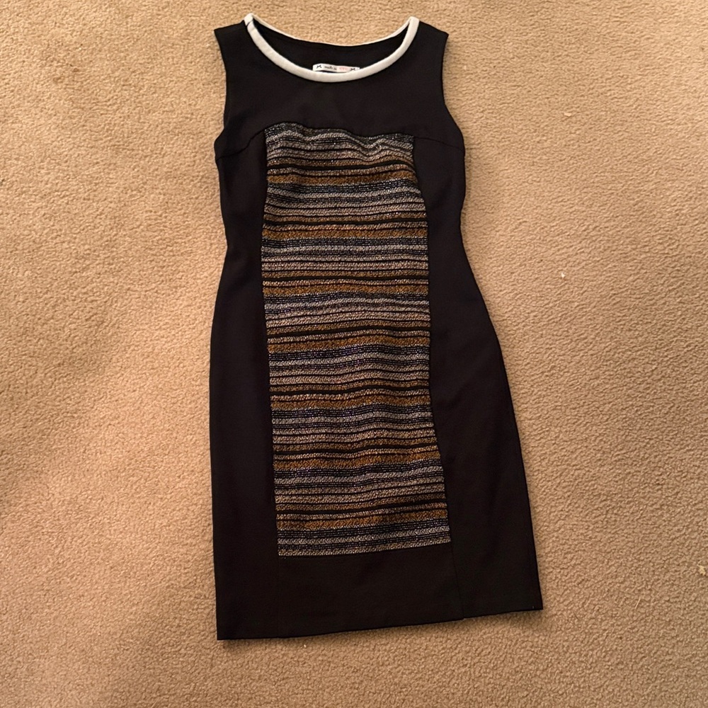 Yoana Baraschi Black Midi Dress with Metallic Stripe Front and White Trim